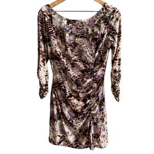 Alberto Makali Velvet Ruched Mini Dress Leopard Print Long Sleeve Size Small